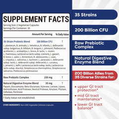Probiotic for Men & Women, 200 Billion CFU 35 Strains, Prebiotics + Digestive Enzymes, Supreme Restore Probiotic Supplement, Upper, Mid, Lower GI Tract Balance, 60 Veggie Capsules, 1 Month