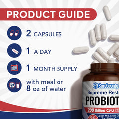 Probiotic for Men & Women, 200 Billion CFU 35 Strains, Prebiotics + Digestive Enzymes, Supreme Restore Probiotic Supplement, Upper, Mid, Lower GI Tract Balance, 60 Veggie Capsules, 1 Month