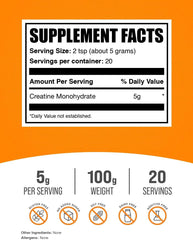 BULKSUPPLEMENTS.COM Creatine Monohydrate Powder - Micronized Creatine Monohydrate, Creatine Pre Workout, Creatine Powder - 5g (5000mg) per Serving, Unflavored & Gluten Free, 100g (3.5 oz)