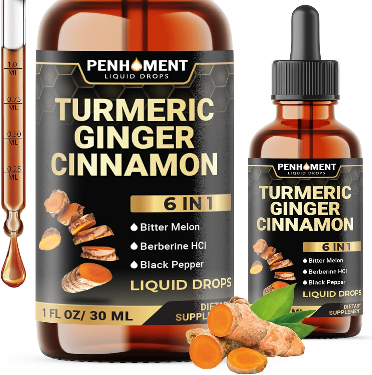 6in1 Liquid Turmeric Ceylon Cinnamon Berberine Ginger Bitter Melon & Black Pepper – Turmeric Supplement Drops for Digestive Health & Mobility – 1 FL OZ – 60 Servings